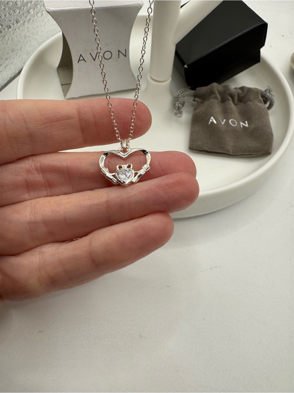 2014 Avon Sterling Silver and Cubic Zirconia Claddagh Necklace NIB